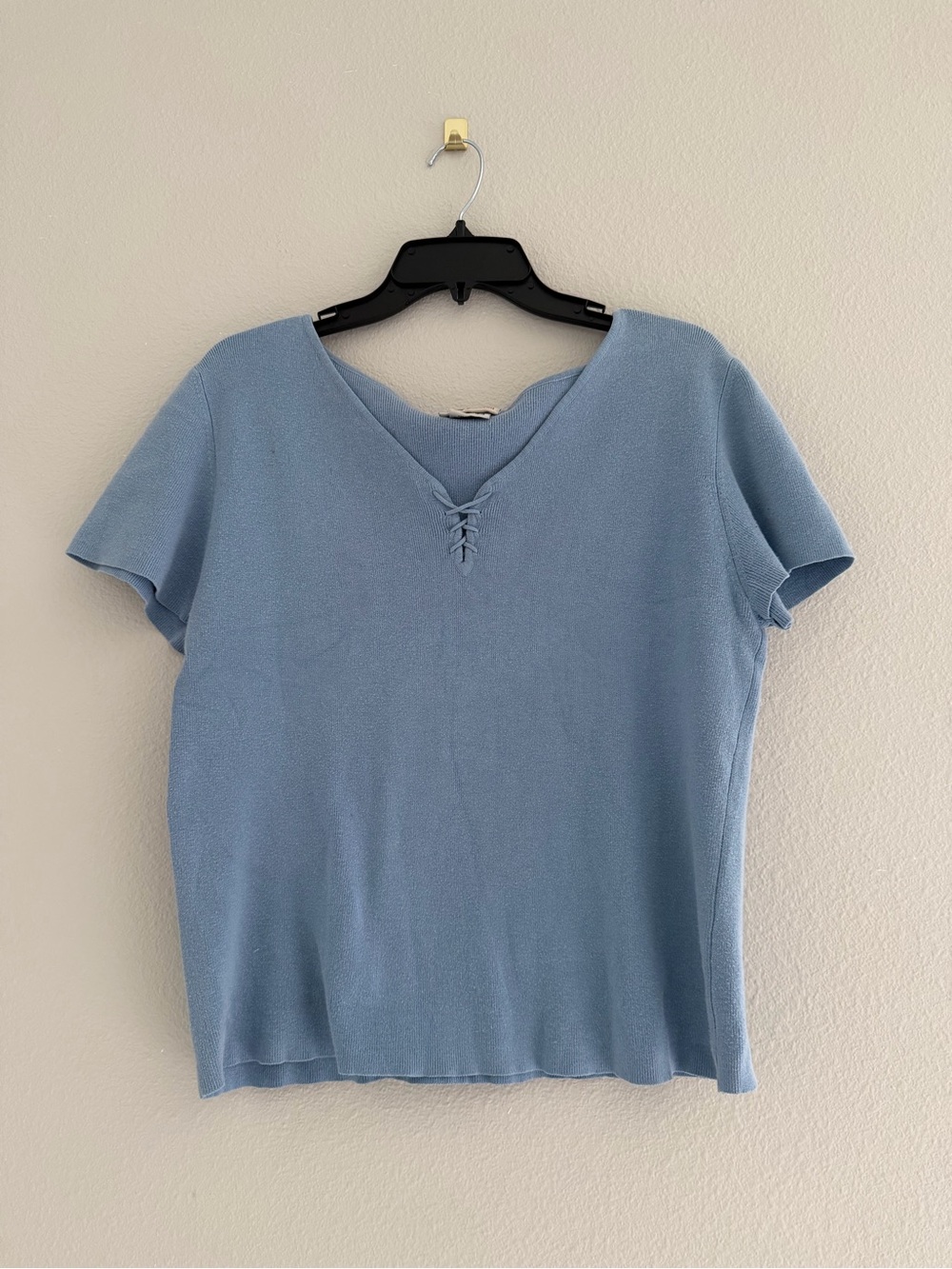 Vintage Faded Glory Lace Up V Neck Ribbed Knit Top Blue Y2K Retro XL